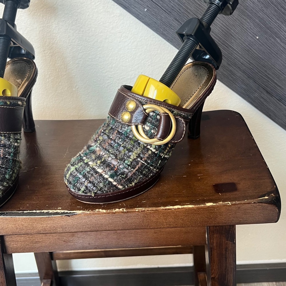 Coach Women's Tweed Mule Heels Brown Multicolor Buckle Slides Size 9B Y2K Chic - Picture 2 of 11